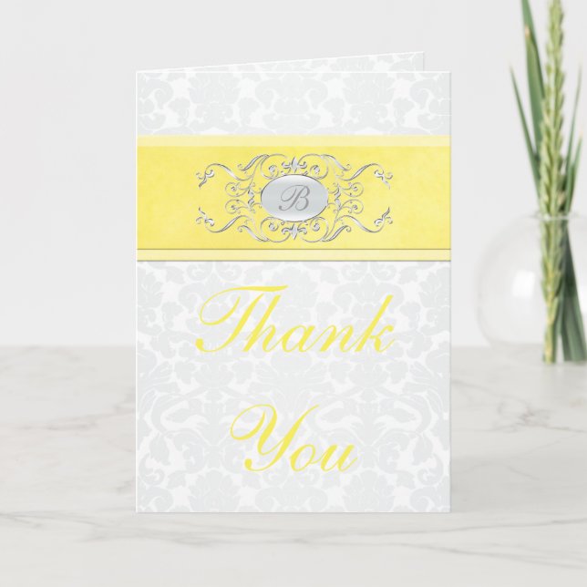 Yellow and Grey Damask Thank You Card (Front)