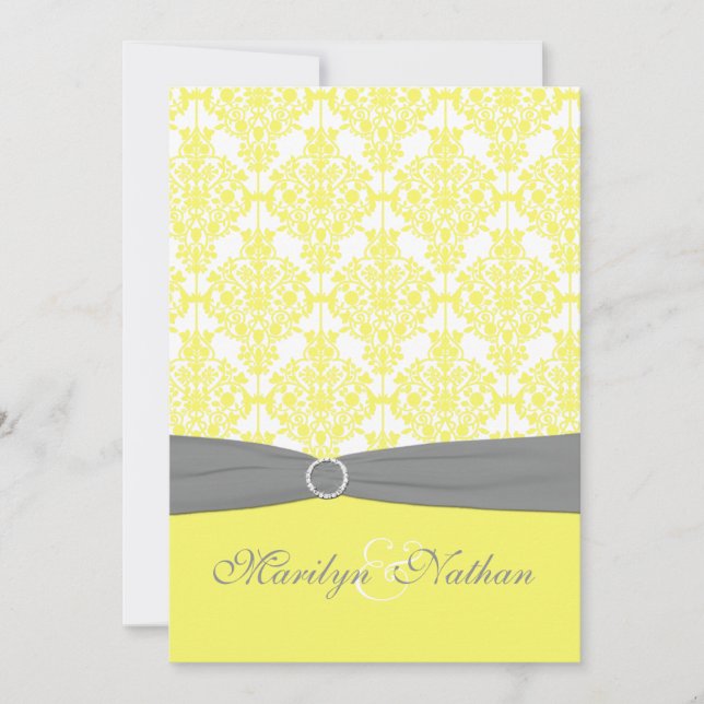Yellow and Grey Damask Wedding Invitation (Front)