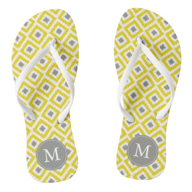 Yellow and Grey Diamonds Ikat Pattern Personalised Jandals (Footbed)
