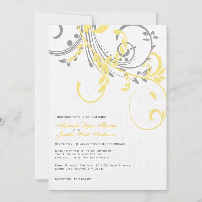 Yellow and Grey Double Floral Wedding Invitation (Front)
