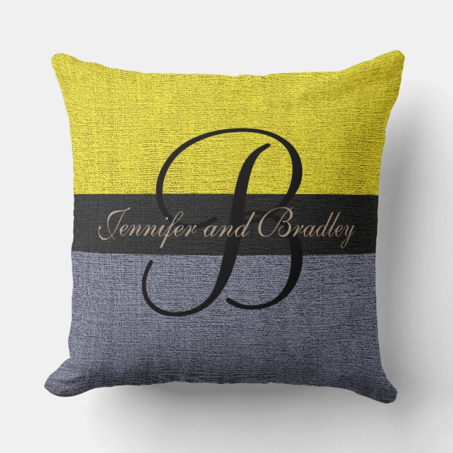 Yellow and Grey Elegant Monogram Wedding Cushion (Front)