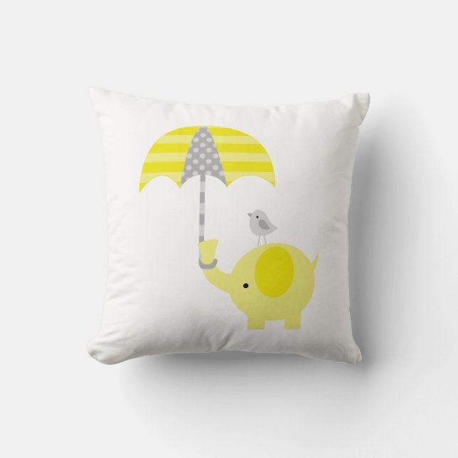 Yellow and Grey Elephant and Bird Cushion (Front)