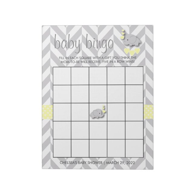 Yellow and Grey Elephant Baby Shower Bingo Game Notepad (Rotated)