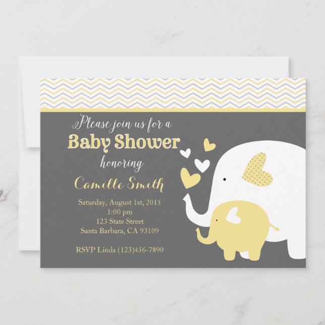 Yellow and Grey Elephant Baby Shower Invitation (Front)