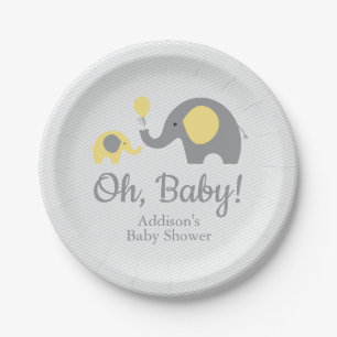 Yellow and Grey Elephant Baby Shower Paper Plates
