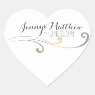 Yellow and Grey Faded Flourish Wedding Heart Sticker