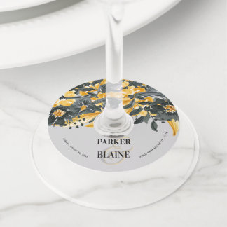 Yellow and Grey Floral Elegant Watercolor Wedding Wine Glass Tag