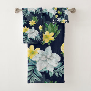 Yellow and Grey Floral Pattern Bath Towel Set