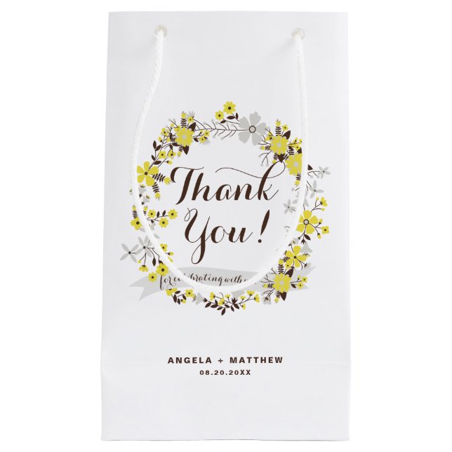 Yellow and Grey Floral Wreath Party Thank You Small Gift Bag (Front)