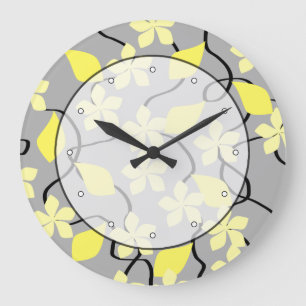 Yellow and Grey Flowers. Floral Pattern. Large Clock