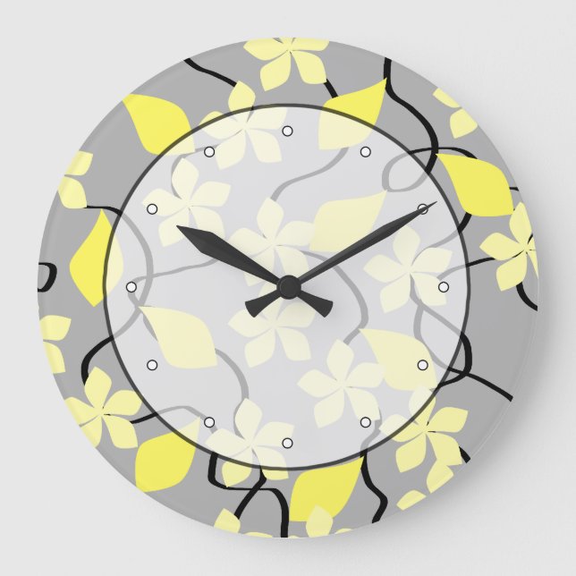 Yellow and Grey Flowers. Floral Pattern. Large Clock (Front)