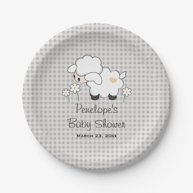 Yellow and Grey Gingham Lamb Baby Shower Paper Plate (Front)