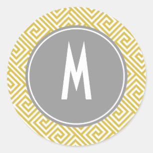 Yellow and Grey Greek Key Pattern Monogram Classic Round Sticker