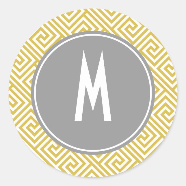 Yellow and Grey Greek Key Pattern Monogram Classic Round Sticker (Front)