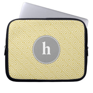 Yellow and Grey Greek Key Pattern Monogram Laptop Sleeve