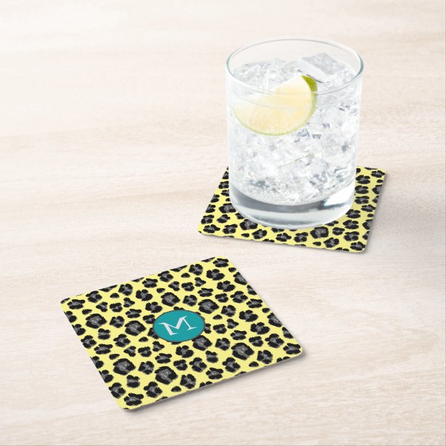 Yellow and Grey Leopard Print Monogram Square Paper Coaster (Insitu)