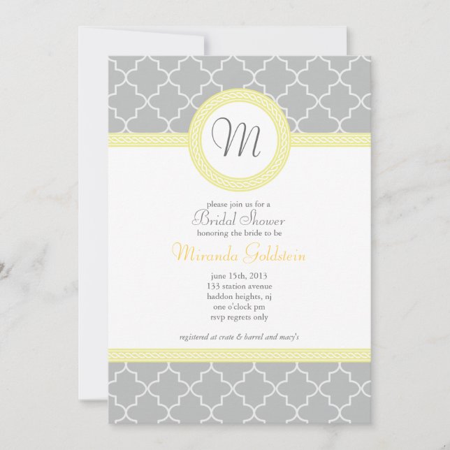 Yellow and Grey Monogram Shower Invitation (Front)
