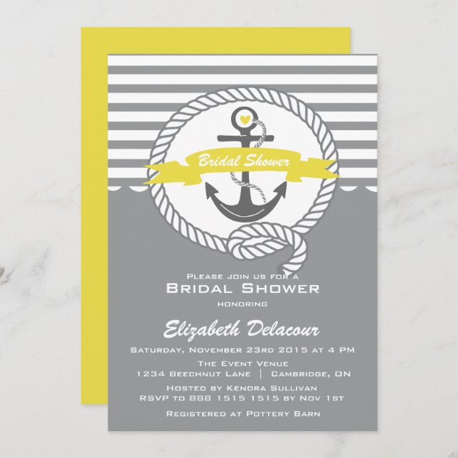 Yellow and Grey Nautical Bridal Shower Invitation (Front/Back)