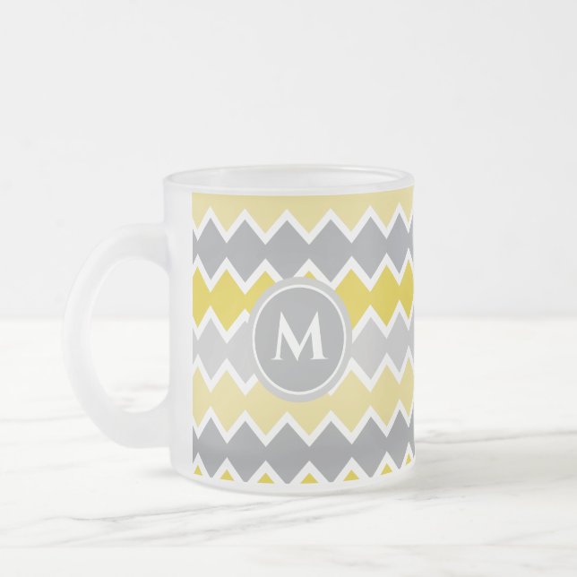 Yellow and Grey Pattern  Monogram Frosted Glass Coffee Mug (Left)