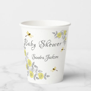 Yellow and Grey Roses Dragonfly Baby Shower  Paper Cups