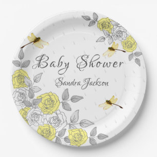 Yellow and Grey Roses Dragonfly Baby Shower Paper Paper Plate