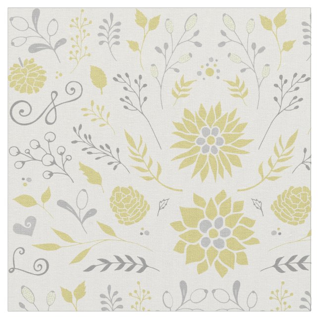 Yellow and Grey Rustic Floral Pattern Fabric (Close Up)