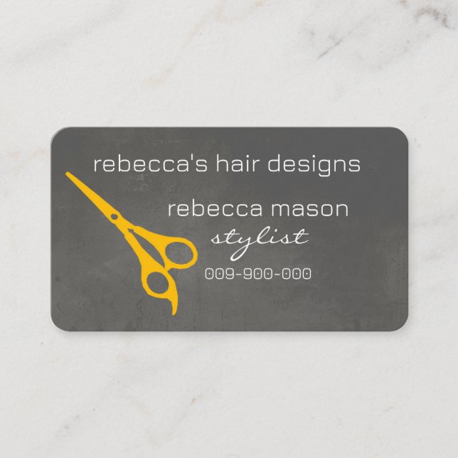 yellow and grey scissors hair stylist salon custom business card (Front)