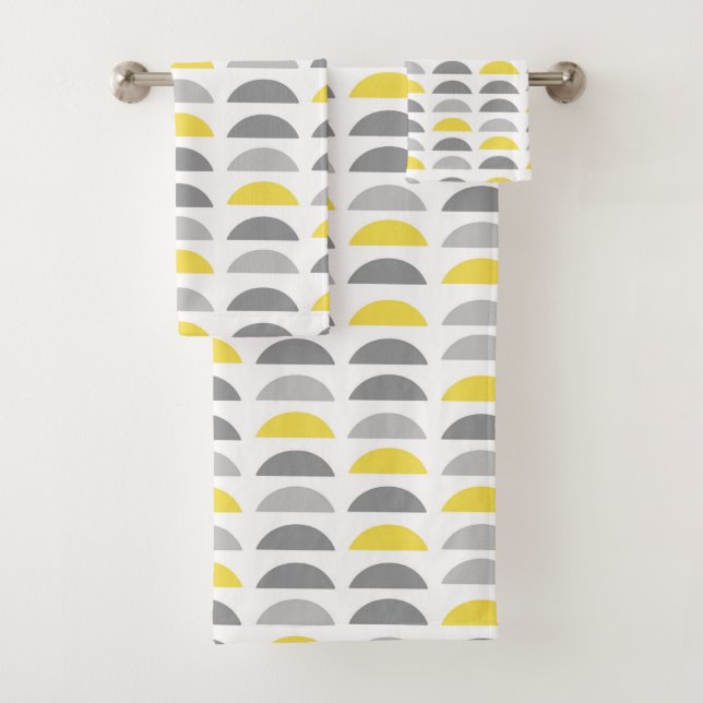 Yellow and grey semicircles on white bath towel set (Insitu)