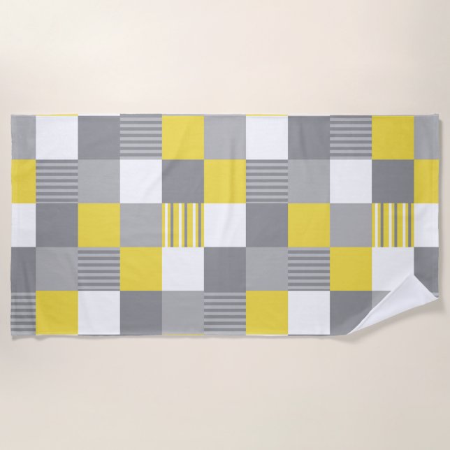 Yellow and grey squares and stripes beach towel (Front)