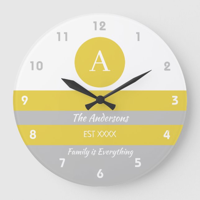 Yellow and grey stripes family name large clock (Front)