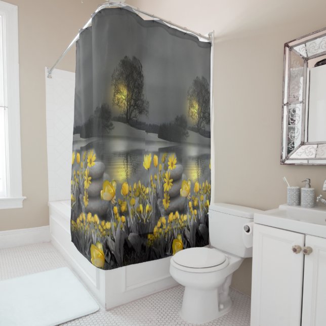 Yellow and Grey Sunset with Tulips Shower Curtain (In Situ)