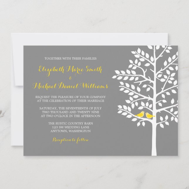 Yellow and Grey Tree Love Birds Wedding Invitation (Front)