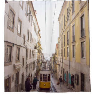 YELLOW AND GREY VEHICLE PASSING ON ROAD SHOWER CURTAIN