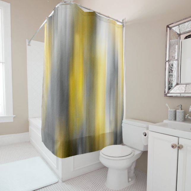 Yellow and Grey Vertical Abstract Shower Curtain (In Situ)