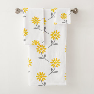 Yellow and Grey Watercolor Daisy Pattern Bath Towel Set