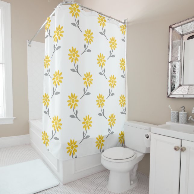 Yellow and Grey Watercolor Daisy Pattern Shower Curtain (In Situ)
