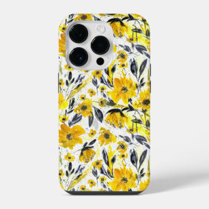Yellow and Grey Watercolor Floral iPhone 14 Pro Case