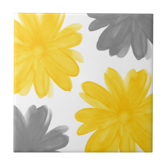 Yellow and Grey Watercolor Flowers Tile (Front)