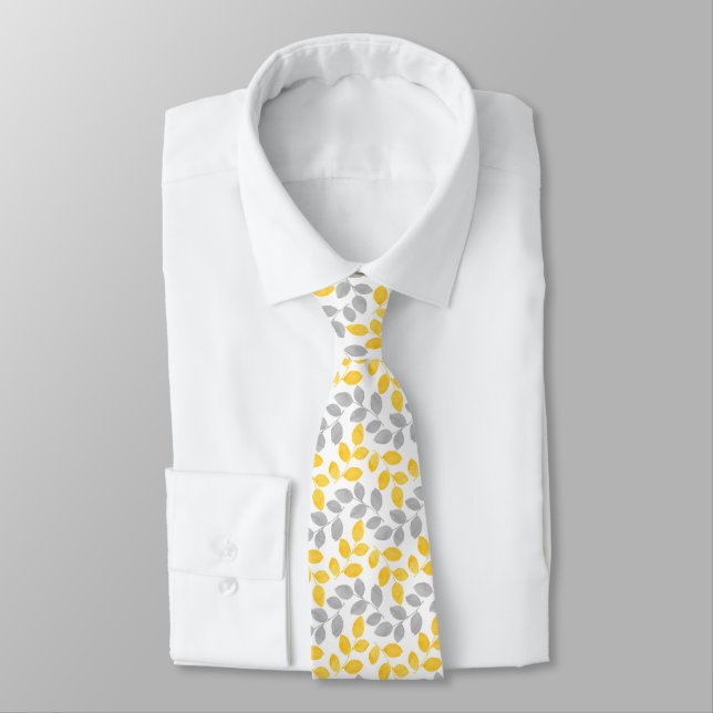 Yellow and Grey Watercolor Leaves Pattern Tie (Tied)
