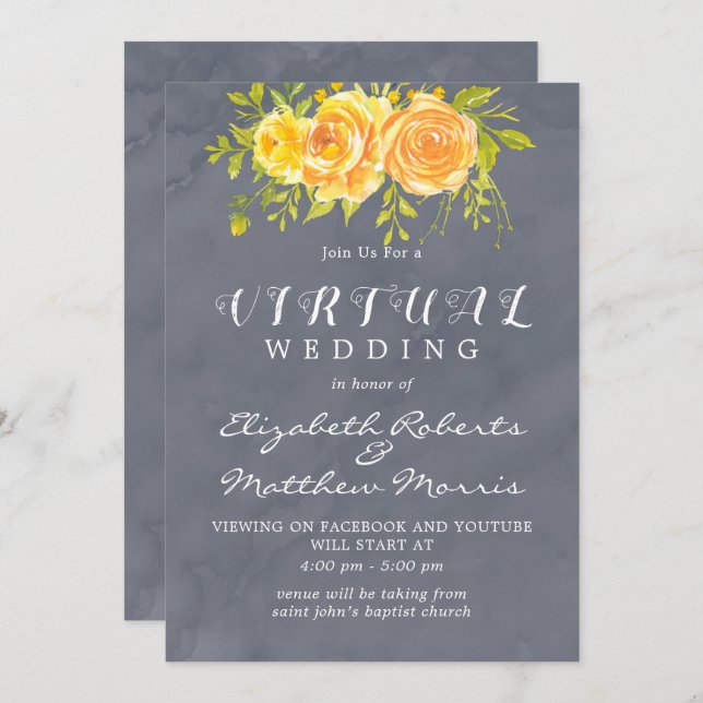 Yellow and Grey Watercolor Peony Virtual Wedding   Invitation (Front/Back)
