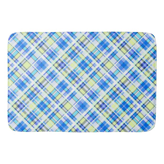 Yellow and light blue chequered print pattern bath mat (Front)