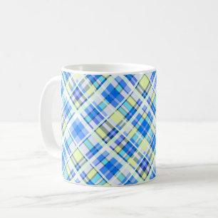Yellow and light blue chequered print pattern coffee mug