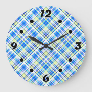 Yellow and light blue chequered print pattern large clock