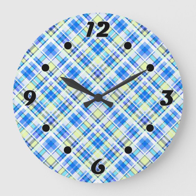 Yellow and light blue chequered print pattern large clock (Front)