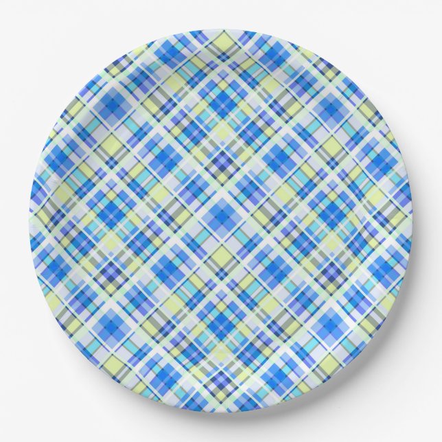 Yellow and light blue chequered print pattern paper plate (Front)