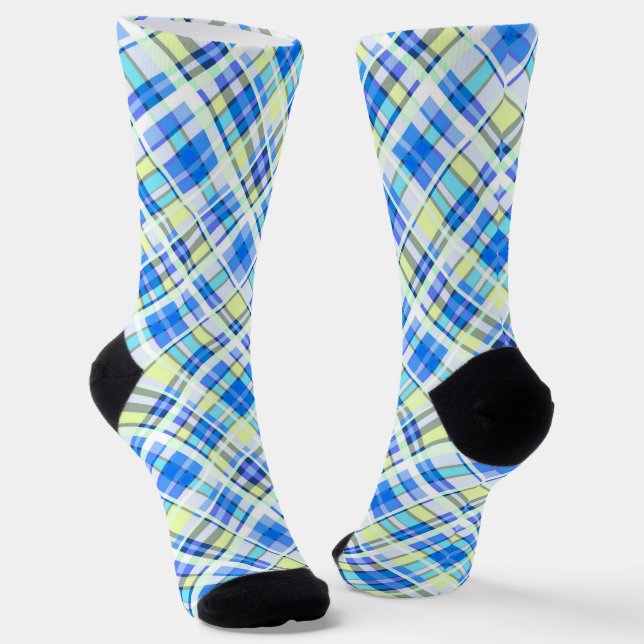 Yellow and light blue chequered print pattern socks (Angled)