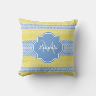 Yellow and Light Blue Knit Pattern With Monogram Cushion
