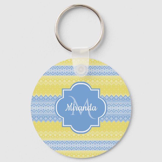 Yellow and Light Blue Knit Pattern With Monogram Key Ring (Front)