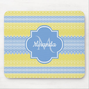 Yellow and Light Blue Knit Pattern With Monogram Mouse Pad