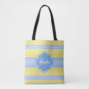 Yellow and Light Blue Knit Pattern With Monogram Tote Bag